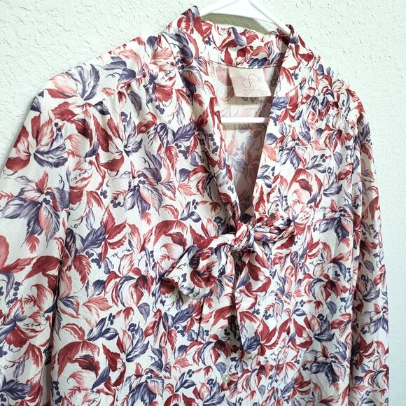 Tan Jay Vintage Blouse Womens Large Floral V Neck Tie Bow Neck Rust 70s 80s Fall - Picture 9 of 12
